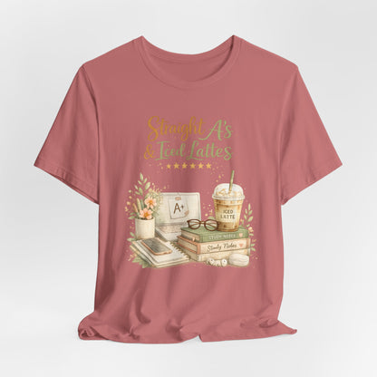 Straight A's & Iced Lattes T-Shirt — Cute Study Coffee Tee for Students & Teachers
