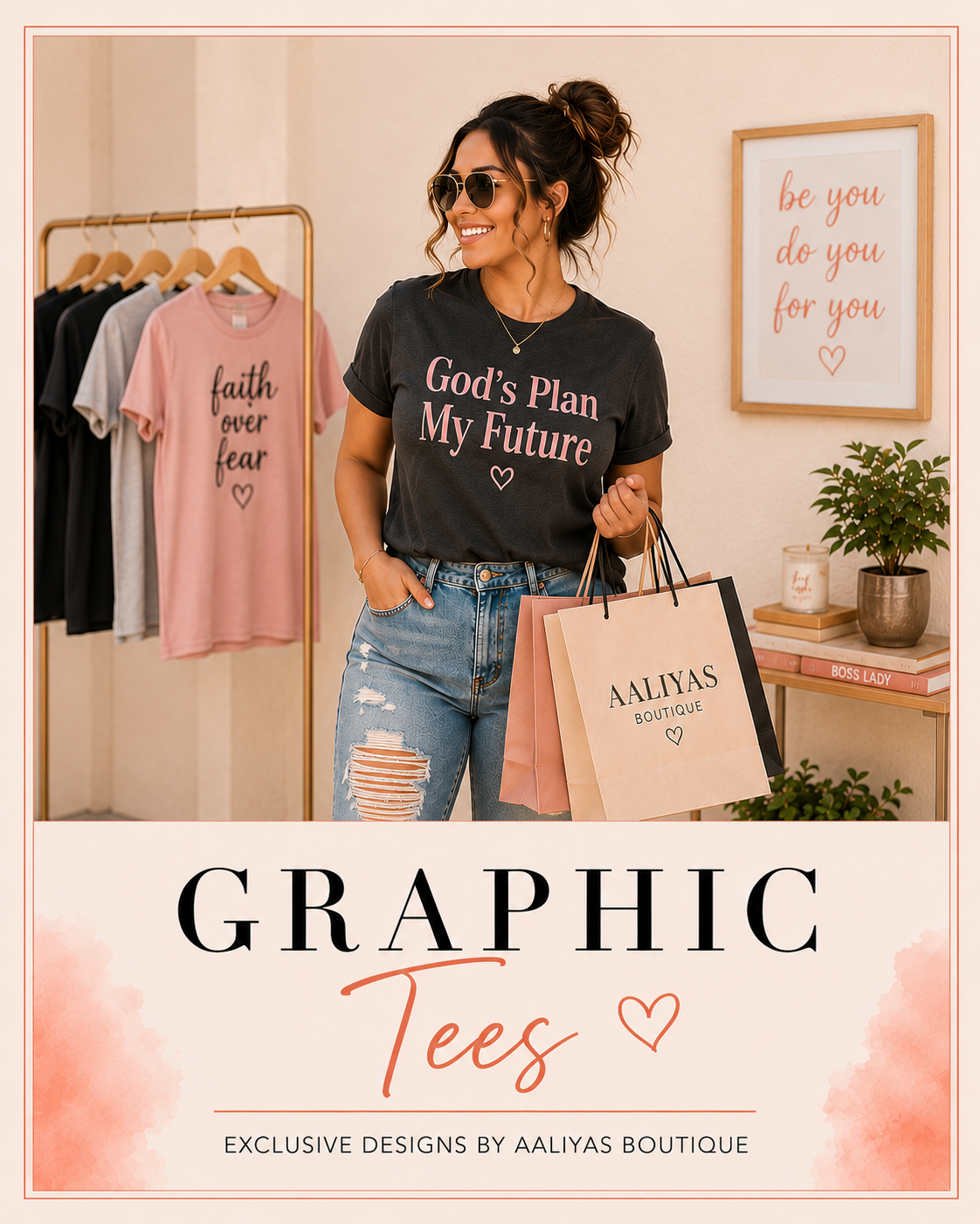 Woman wearing graphic tee, shopping bags, exclusive Aaliya's Boutique graphic tee designs