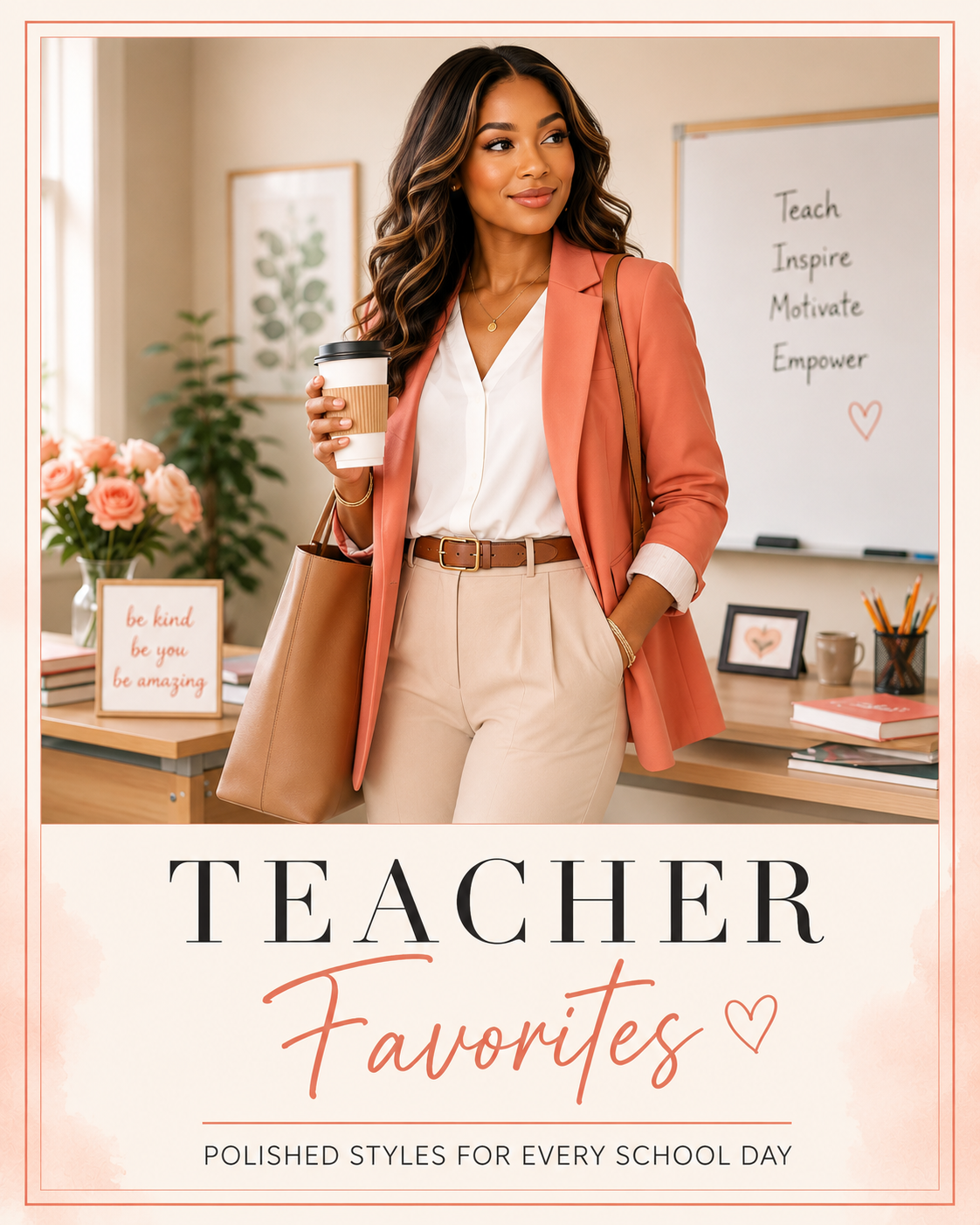 Woman wearing a rust blazer and cream trousers, teacher-inspired outfit for back-to-school