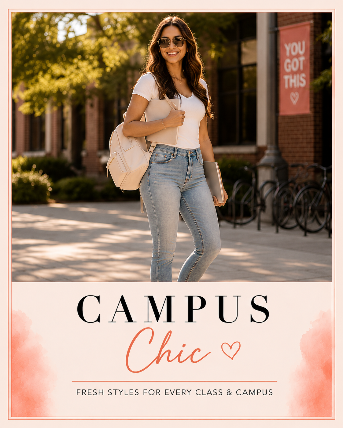 Woman in white top and jeans walking on college campus, campus chic outfit