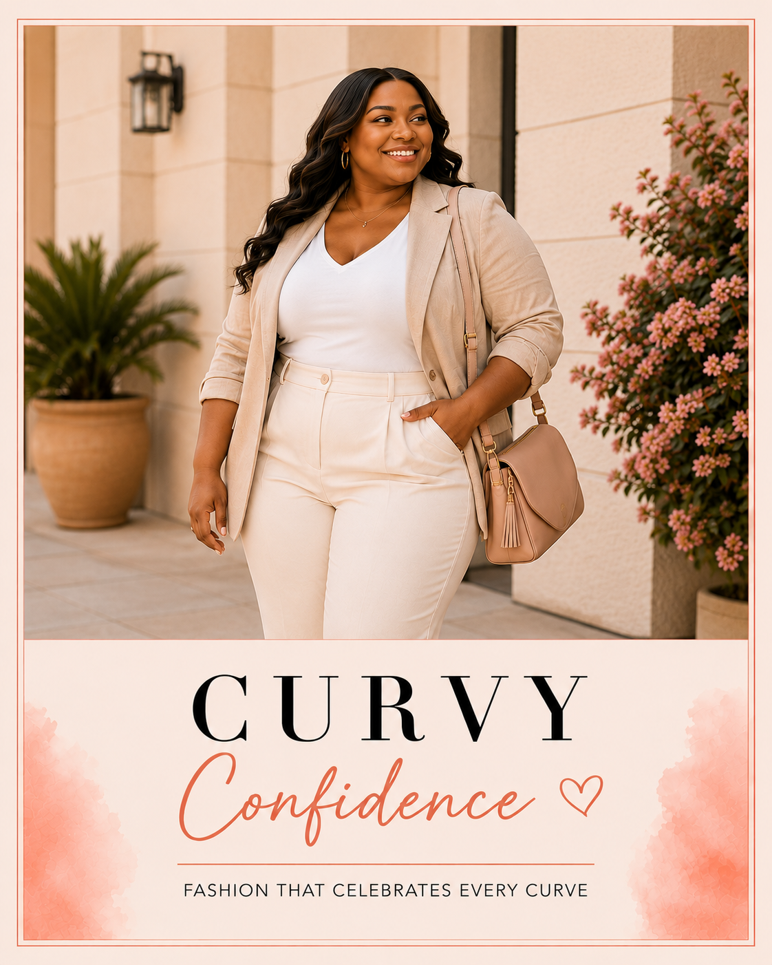 Plus-size woman in white outfit and beige blazer, curvy confidence fashion